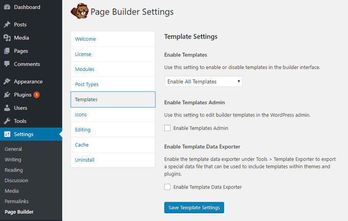 Beaverbuilder settings opties Beaverbuilder settings