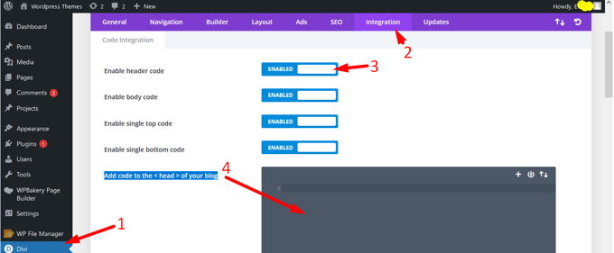 Javascript toevoegen aan Wordpress Divi Enable header codes