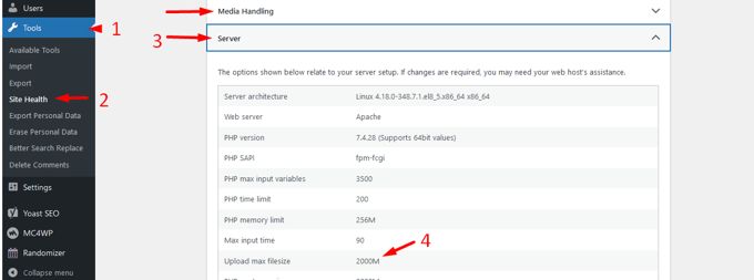 Aktuele WordPress Max Upload Grootte site health Aktuele WordPress Max Upload Grootte site health